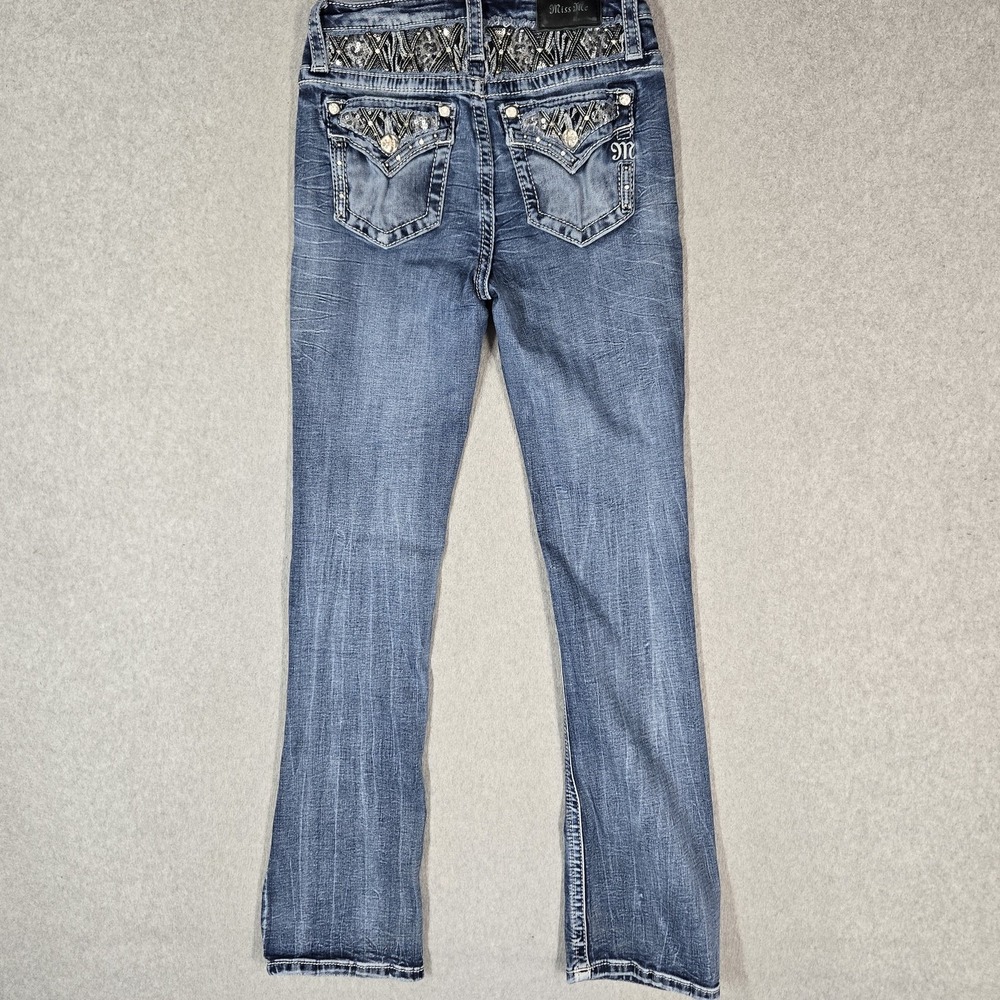 Miss Me Women Jeans 27 Blue Denim Embroidered Bootcut Rhinestones 31" Inseam